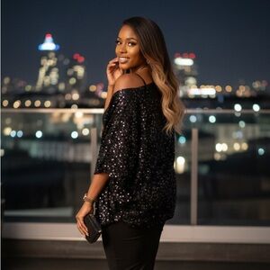 Black Sequin Cardigan with Gold accent zippers